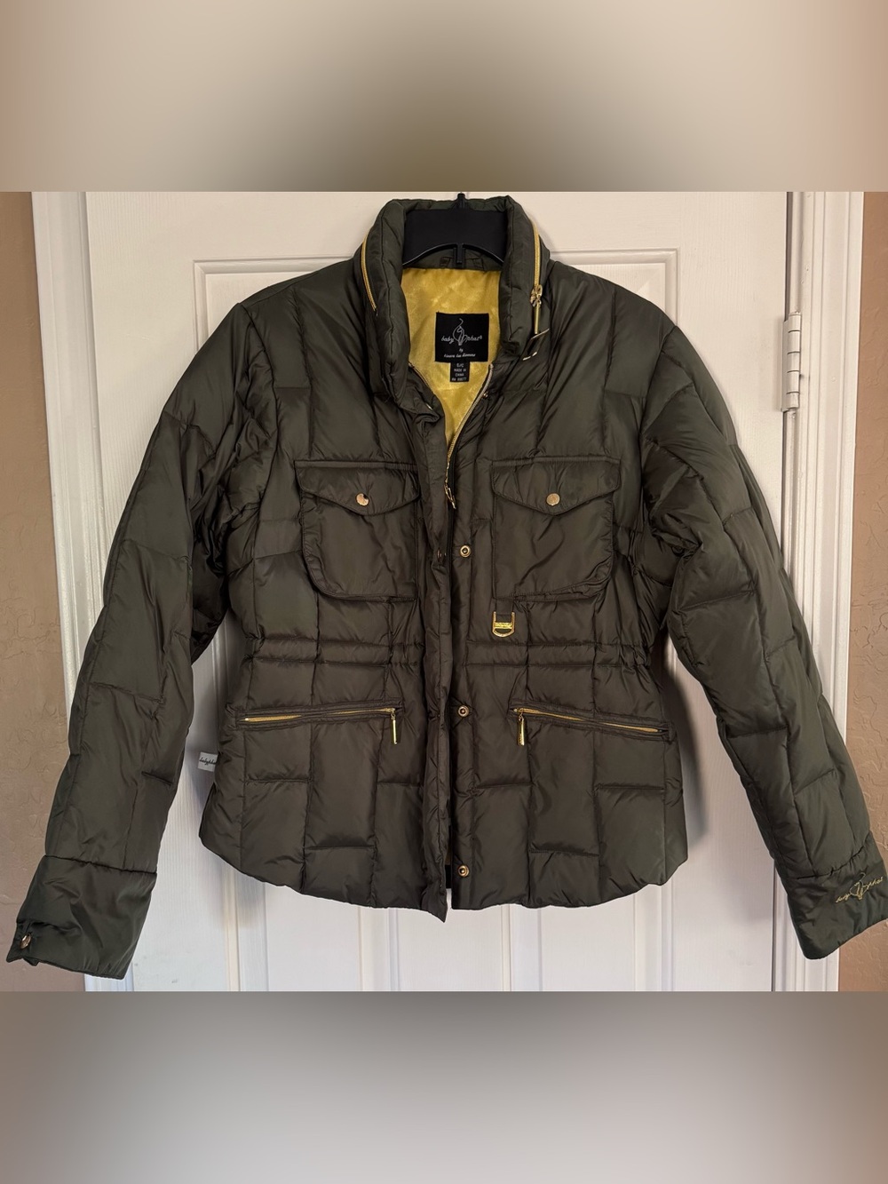 Baby Phat Vintage Olive Green Y2K Puffer Jacket with Gold Zip Pull